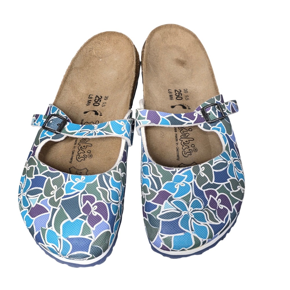 Birki's Birkenstock Mary Jane Clogs Blue Purple Floral Mosaic 39 L8 M6